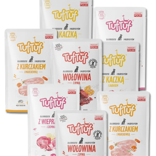 8x Tuf Tuf Junior/Adult Small Mokra Karma w Saszetce 100g Mix Smaków