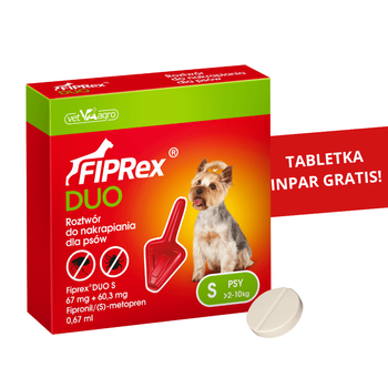 Fiprex Duo S Roztwór Na Pchły I Kleszcze Dla Małych Psów 67 mg + 60,3 mg + InPar Tabletka Odrobaczająca Gratis! 