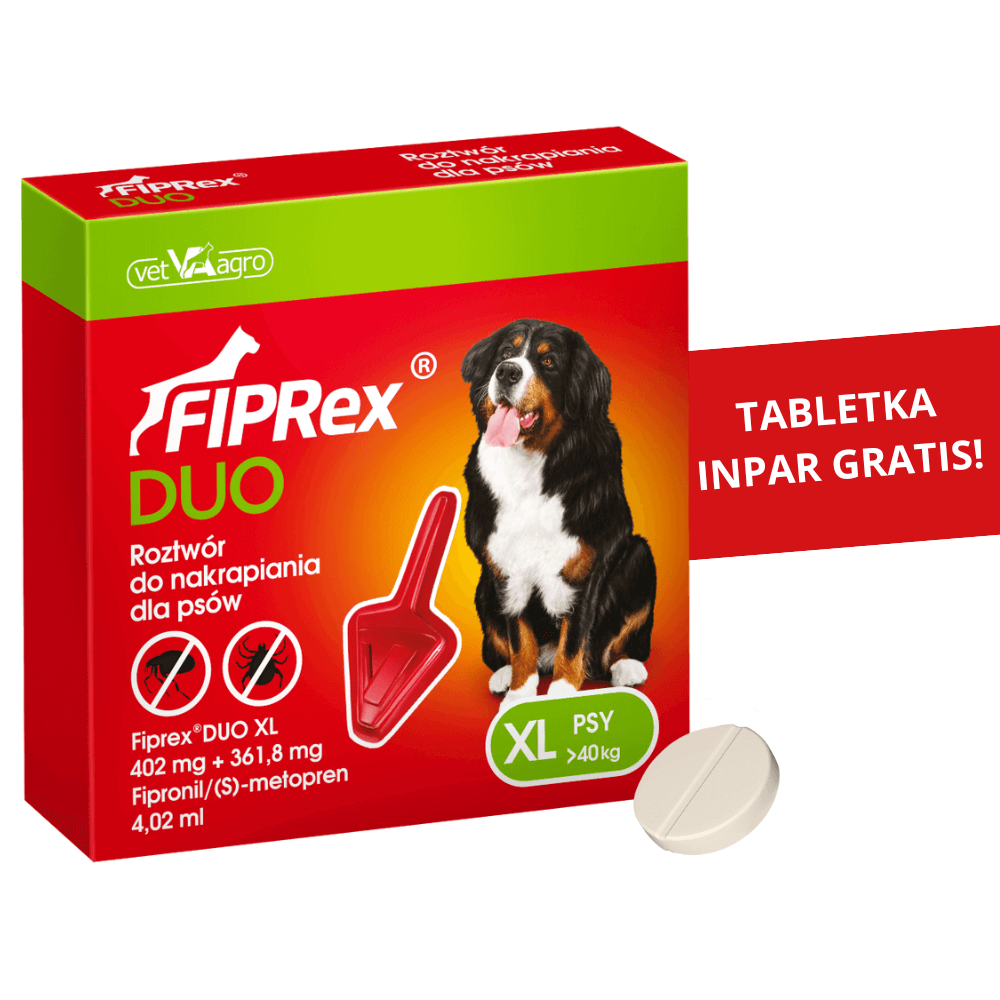 Fiprex Duo XL Roztwór Na Pchły I Kleszcze Dla Bardzo Dużych Psów 402 mg + 361,8 mg + InPar Tabletka Odrobaczająca Gratis!